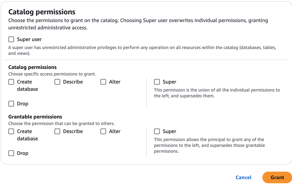 La section Permissions est la vignette des autorisations du catalogue. Sous les vignettes se trouve un groupe de cases à cocher pour les autorisations de catalogue à accorder. Les cases à cocher incluent Super utilisateur, Créer un catalogue, Créer une base de données, Modifier, Supprimer, Décrire et Super. En dessous de ce groupe se trouve un autre groupe contenant les mêmes cases à cocher pour les autorisations pouvant être accordées.