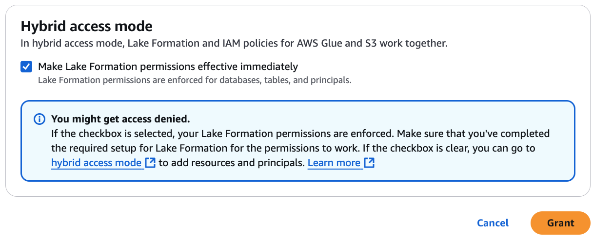 L'option permettant de choisir le mode d'accès hybride pour la ressource du catalogue de données.