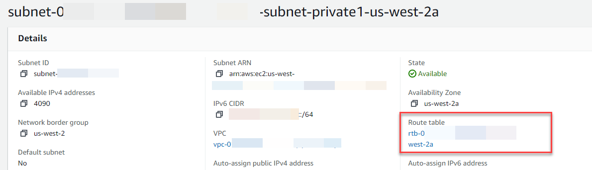 Lien vers la table de routage sur la page de détails du sous-réseau