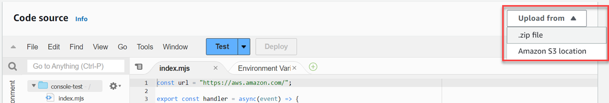 Importer le fichier .zip à partir du volet source du code