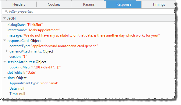 Réponse JSON indiquant l'intention de prendre rendez-vous et message précisant qu'il n'y a pas de disponibilité à la date demandée par le client.