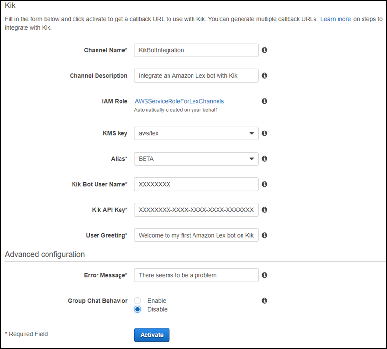 Écran de configuration Kik.