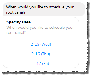 Carte-réponse indiquant la date pour planifier le canal radiculaire et trois options : 2-15, 2-16 et 2-17.