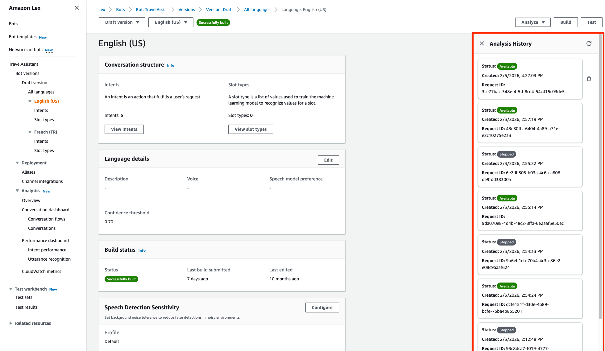 Panneau Historique des analyses