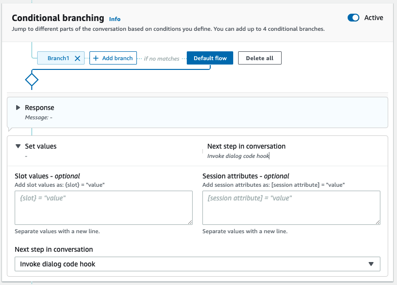 Branchement conditionnel indiquant un code hook comme étape suivante de la conversation.
