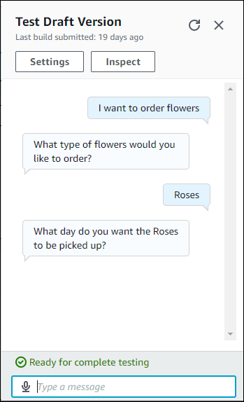 La fenêtre de test affichant une conversation avec un bot de commande de fleurs.