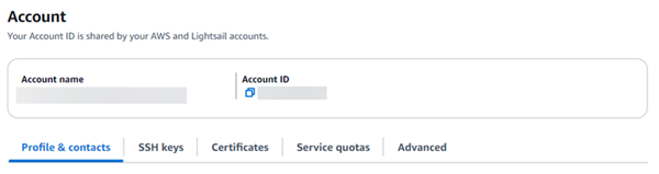 Page de gestion du compte dans la console Lightsail
