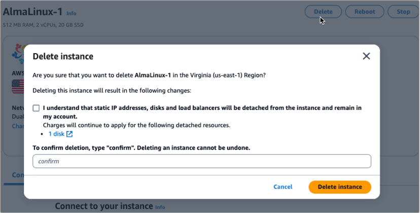 Supprimez une instance de la page de gestion des instances de la console Lightsail.