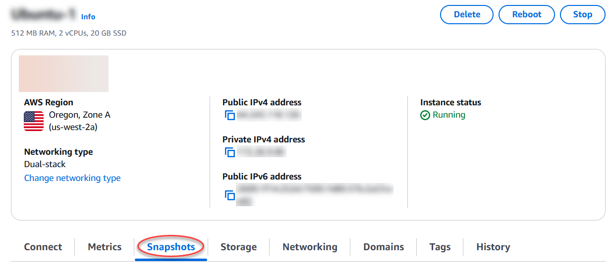 La page de gestion des instances dans la console Lightsail.
