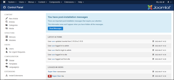 Le panneau de configuration d'administration Joomla!