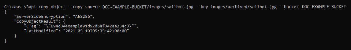 Résultat de la commande AWS CLI copy-object