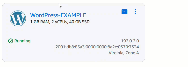 Animation montrant comment supprimer une instance depuis la page d'accueil de la console Lightsail.