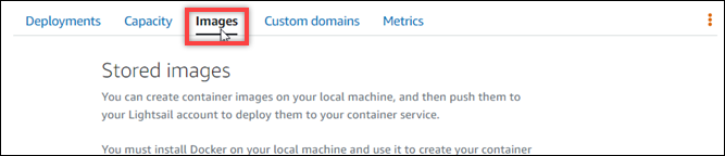 Onglet Images sur la page de gestion des services de conteneur de la console Lightsail