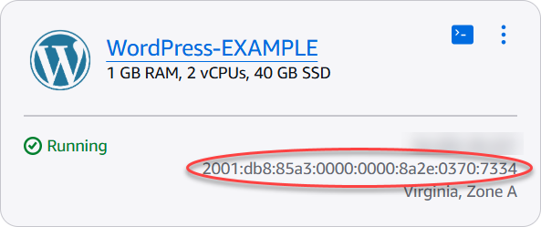 IPv6 Adresse de l'instance sur la page d'accueil de Lightsail.