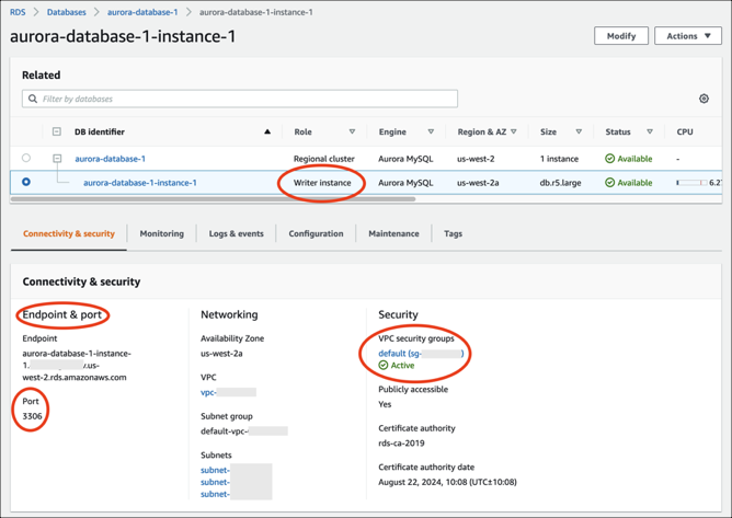 Capture d'écran de l'onglet Connectivité et sécurité de la console Amazon RDS.
