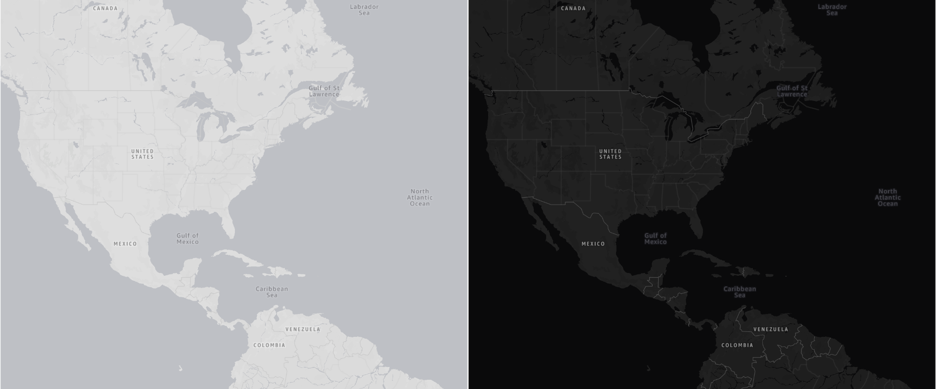 Two maps of North America, one light and one dark, showing countries and major bodies of water.
