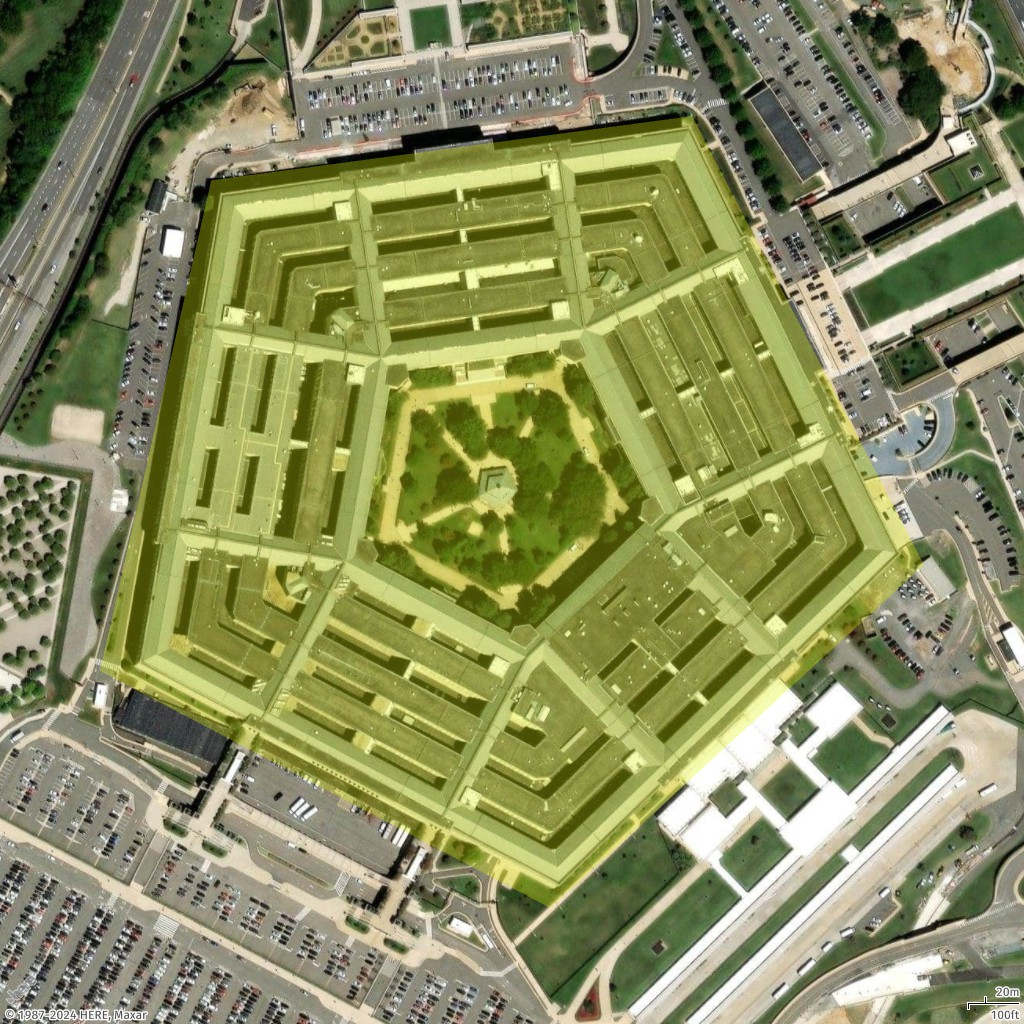 Exemple de carte montrant un polygone de couleur différente autour du Pentagone.