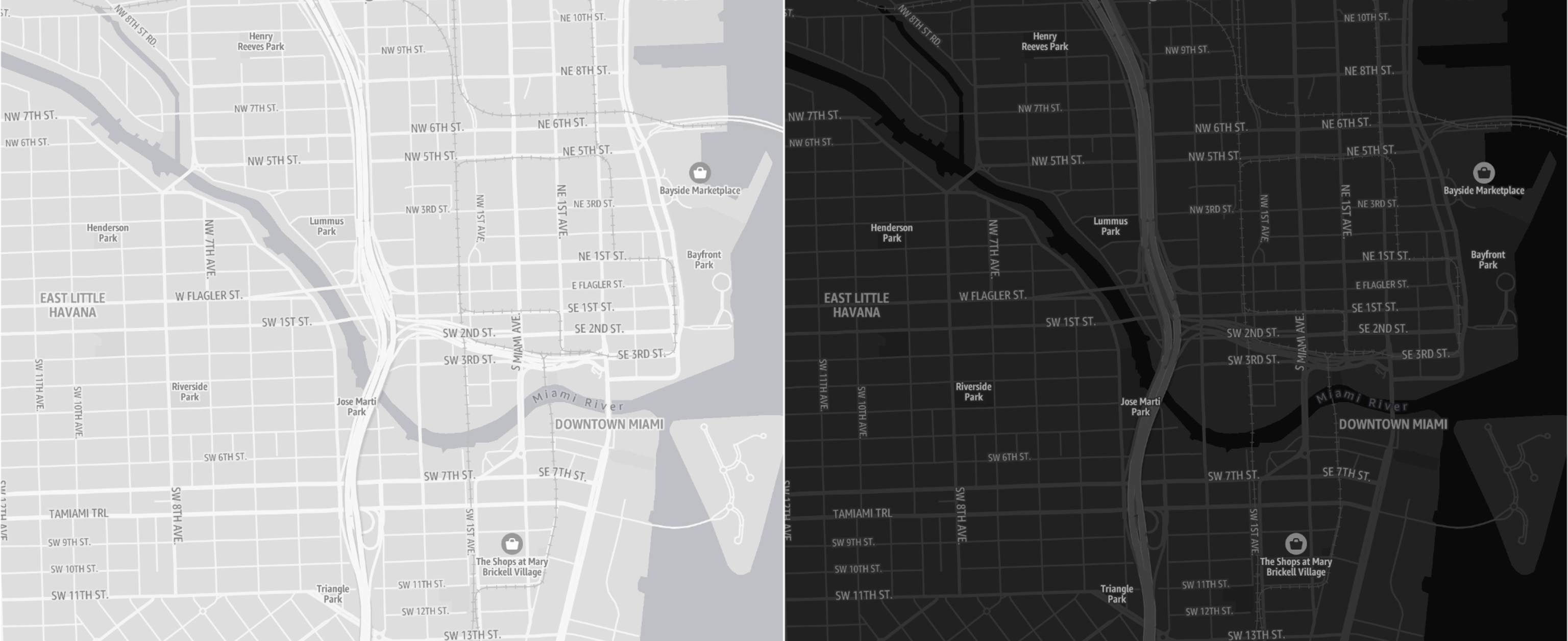 Map of Downtown Miami showing streets, parks, and landmarks in light and dark modes.