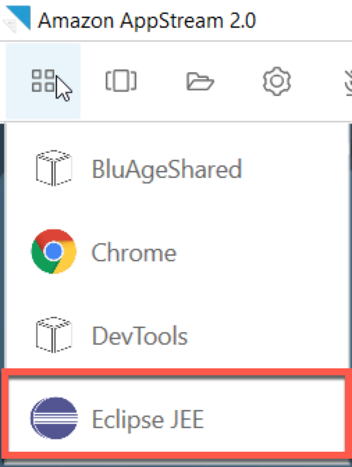 Lancez l'icône de l'application dans la barre d'outils WorkSpaces des applications. Eclipse JEE est sélectionné.