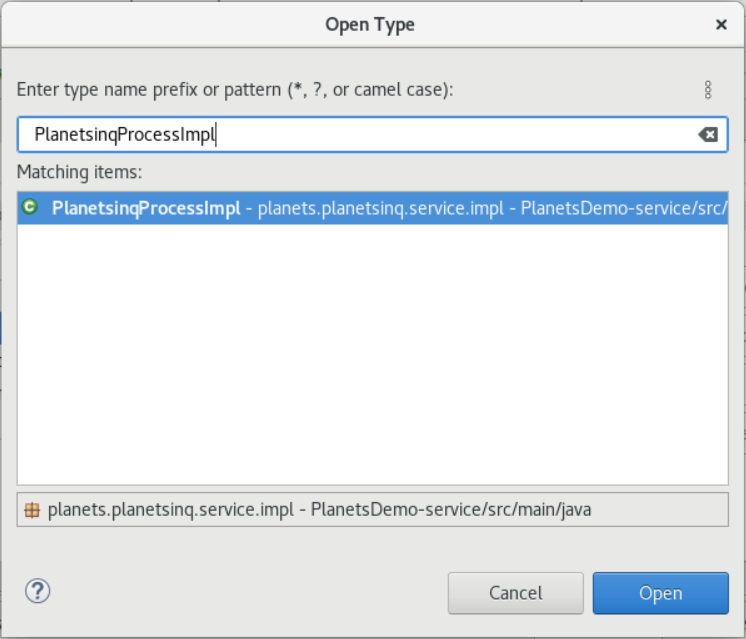 La fenêtre de dialogue Eclipse Open Type PlanetsinqProcessImpl est entrée.