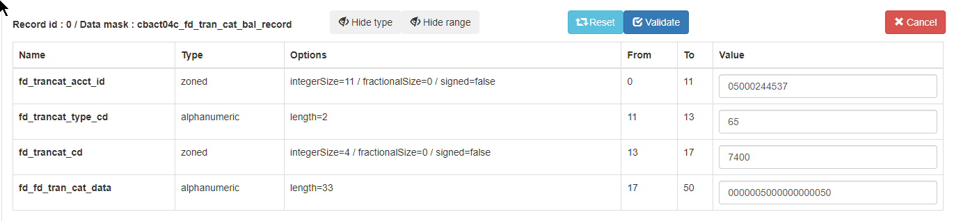 Data record editor showing fields for transaction account details and data.