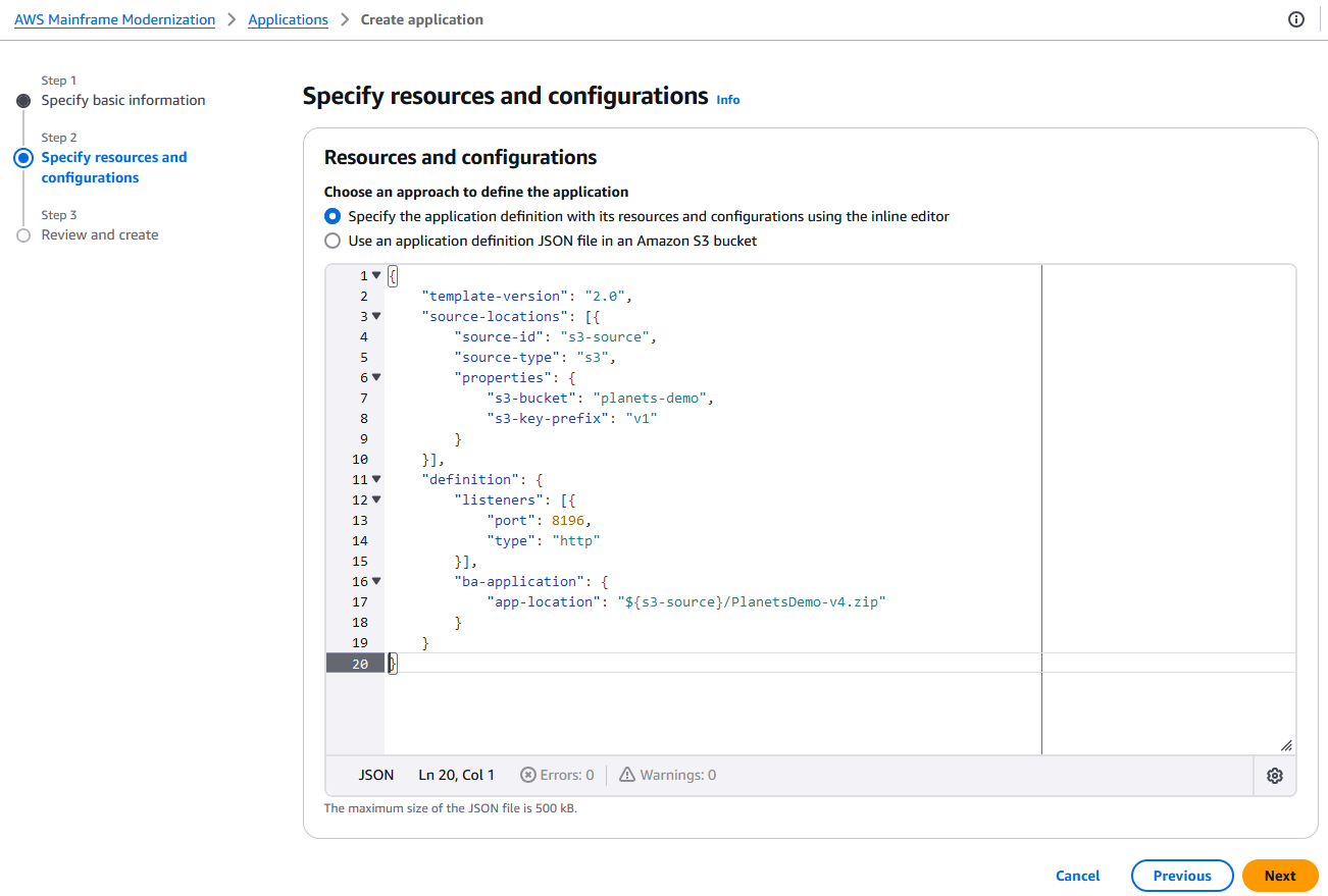 La section Ressources et configurations dans laquelle est collée la définition d'application mise à jour au format JSON.