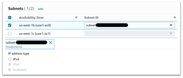 Sous-réseaux avec zone de disponibilité et sous-réseau pour le VPC sélectionné.