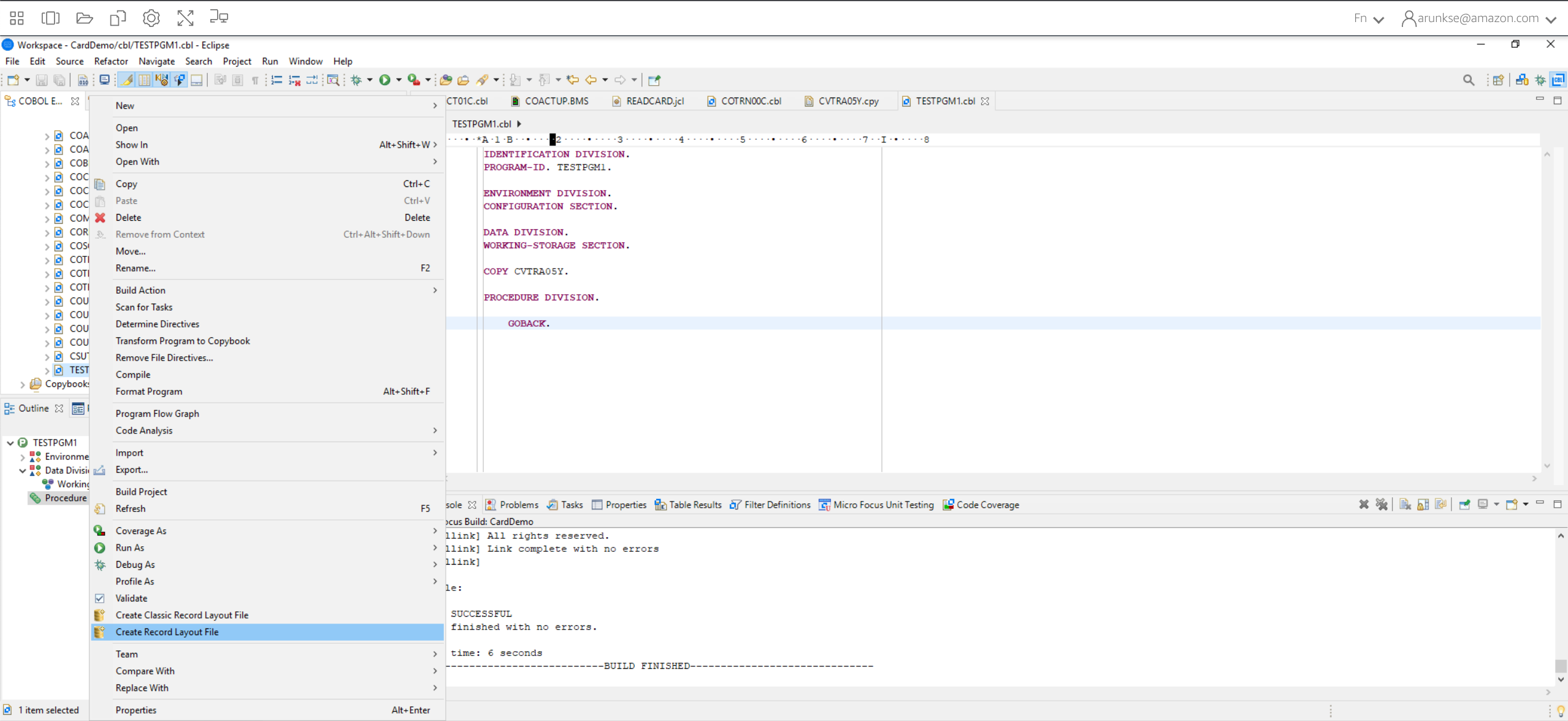 Emplacement de la commande Create Record Layout File dans Enterprise Developer.