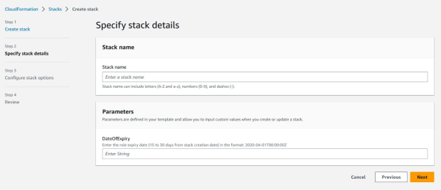 Form for specifying stack details, including stack name and parameters fields.