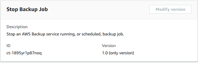 Stop Backup Job interface showing description, ID, and version for an AWS Backup service job.