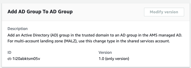 Form showing details for adding an AD group to another AD group in AMS managed AD.