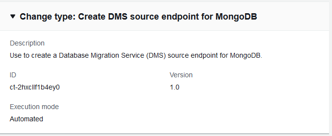Modification type details for creating a DMS source endpoint for MongoDB, including ID and version.