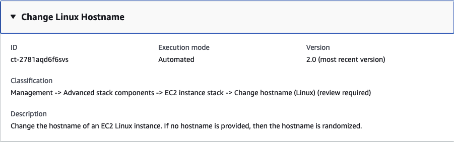 Modification Linux Hostname interface showing ID, execution mode, version, and description.
