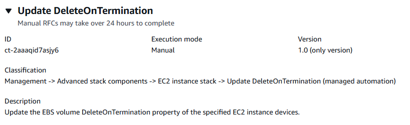 Update DeleteOnTermination change type details for EC2 instance EBS volumes in AMS console.