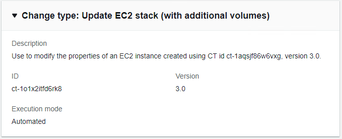 Modification type details for updating EC2 stack with additional volumes, showing ID and version.