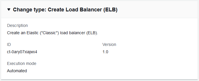 Create Load Balancer (ELB) change type details including ID and version.