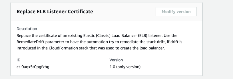 Replace ELB Listener Certificate change type with description, ID, and version details.