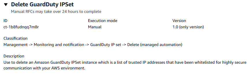 Delete GuardDuty IPSet interface showing description, ID, and version for an instance.