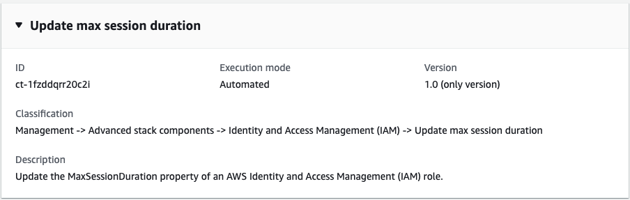 Update max session duration interface showing ID, execution mode, and version details.