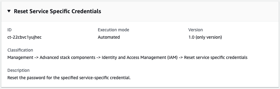 Reset service specific credentials interface showing ID, execution mode, and version details.