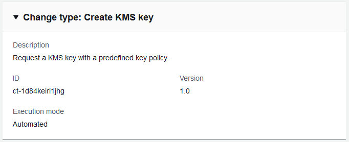 Create KMS key change type with description, ID, version, and execution mode details.