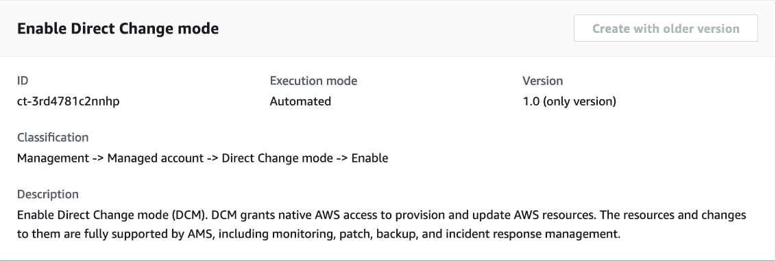 Console interface showing details for enabling Direct Modification mode in AWS Management.