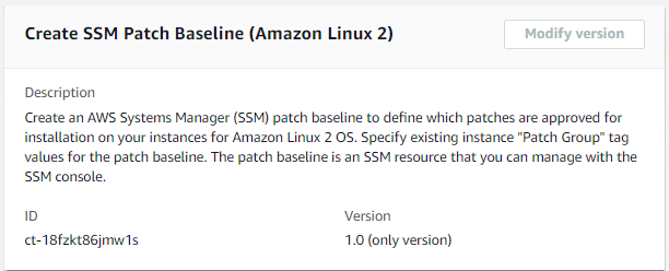 SSM patch baseline creation interface for Amazon Linux 2, showing description and version details.
