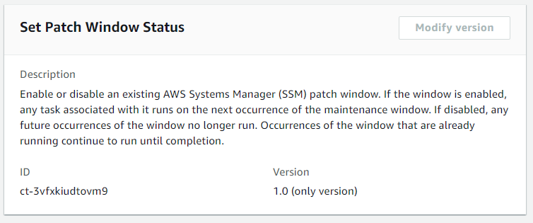 AWS Systems Manager patch window status settings with description, ID, and version.