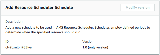 Resource Scheduler interface showing ID and version for a new schedule in AMS.