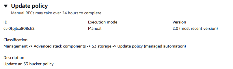Update policy details for an S3 bucket, showing ID, execution mode, and classification.