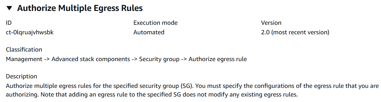 Authorize Egress Rule interface with description, ID, and version fields for security group configuration.
