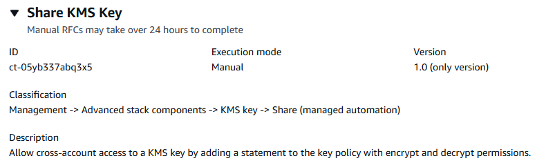 Share KMS Key interface showing ID, execution mode, version, and description for cross-account access.