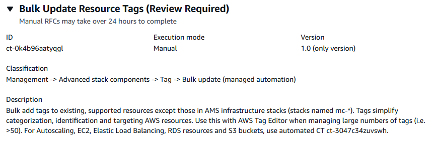 Bulk Update Resource Tags interface showing ID, execution mode, version, and description details.