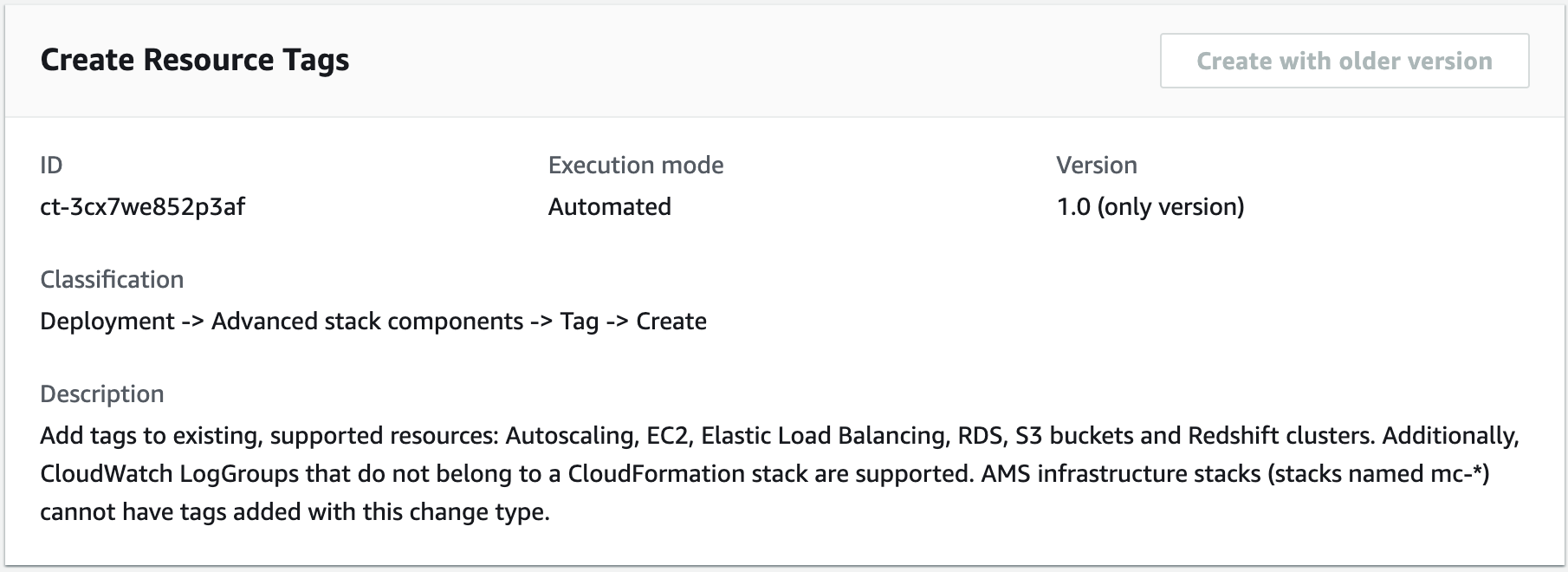 Create Resource Tags interface showing ID, execution mode, version, classification, and description.